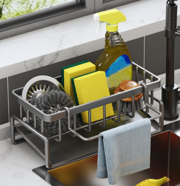 All-in-One Kitchen Sink Organizer: Sponge, Brush Holder, Soap Dispenser & Dish Cloth Hanger
