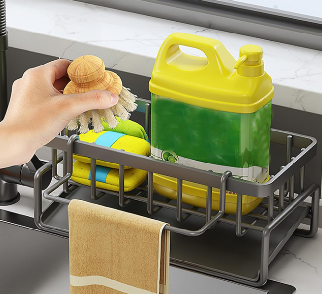 All-in-One Kitchen Sink Organizer: Sponge, Brush Holder, Soap Dispenser & Dish Cloth Hanger