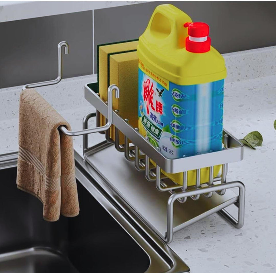 All-in-One Kitchen Sink Organizer: Sponge, Brush Holder, Soap Dispenser & Dish Cloth Hanger